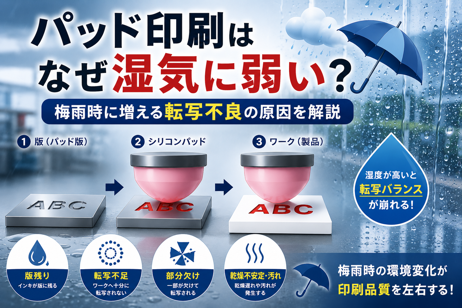 パッド印刷はなぜ湿気に弱い？梅雨時に増える転写不良の原因を解説